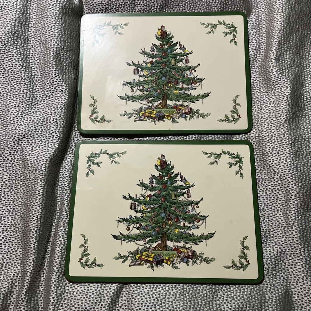 Vtg Pimpernel 9x12 Acrylic Placemat Set of 2 Spode Christmas Tree~Cork~England